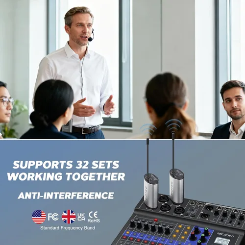 Vista 7 de Hotec Sistema inalámbrico con micrófonos de auriculares duales/micrófonos de solapa Lavalier y transmisores de bodypack y un mini receptor