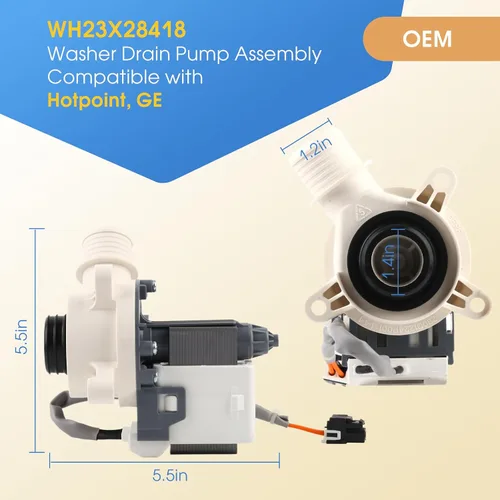 Vista 2 de OEM 290D1201G003 WH23X28418 Conjunto de bomba de drenaje de lavadora compatible con GE Hotpoint, reemplaza WH23X24178 WH23X27574 4958182 AP6889136