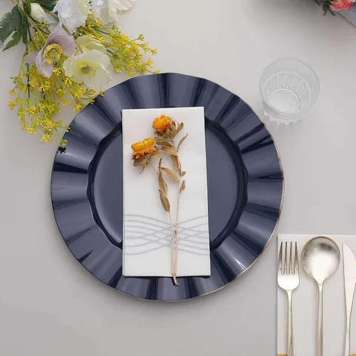 Vista 136 de Tableclothsfactory Paquete de 10 platos redondos de plástico negro de 6 pulgadas para ensalada de postre, platos desechables con borde ondulado