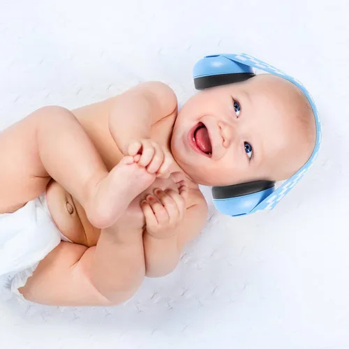 Vista 5 de Orejeras con cancelación de ruido para bebés con banda elástica ajustable, auriculares protectores azules para protección auditiva y reducción