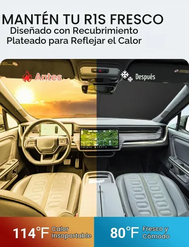 Vista 3 de Proadsy Parasol para parabrisas Rivian R1S 2022-2025 2026 de 4 capas plegable, protector de parasol frontal que bloquea los rayos UV, mantiene