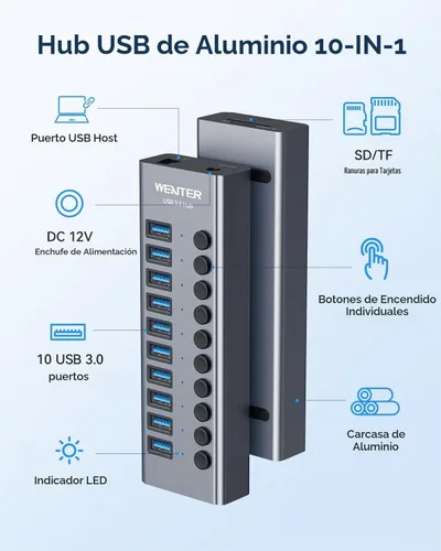 Vista 2 de Hub USB 3.0 alimentado, Wenter 10 puertos 36 W alimentado USB Hub, divisor USB de aluminio con interruptores individuales de encendido/apagado