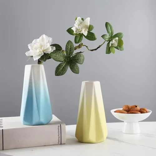 Vista 5 de Jarrón de cerámica amarillo y blanco – Estilo simple de moderno soporte de mesa para decoración del hogar, adecuado para chimenea, dormitorio