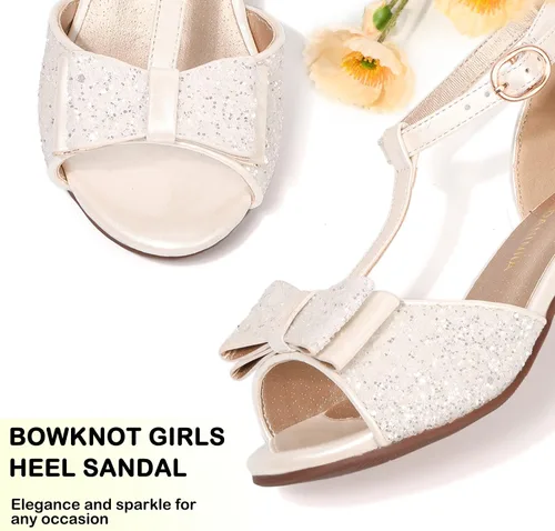 Vista 2 de PANDANINJIA Sally Girls Heels, Girls Dress Shoes Pump T Strap Open Toe Bow Rhinestone Girls Sandals for Toddler Little Kid Big Kid