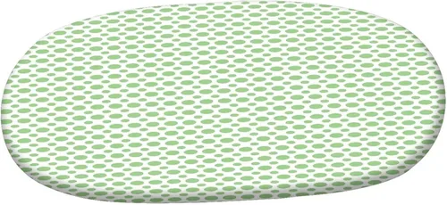 Vista 3 de Mantel ajustable ovalado, de poliéster elástico verde, estilo retro de los años 60 y 70, diseño de círculos de lunares verdes, vintage, se adapta a