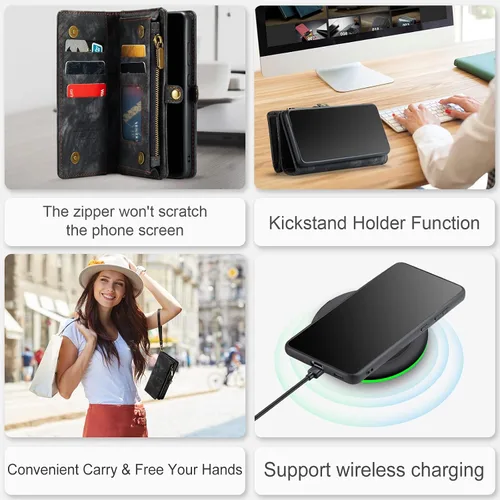 Vista 6 de Asuwish Funda de teléfono para Samsung Galaxy S22 5G con cremallera, funda desmontable con protector de pantalla de vidrio templado y tarjetero