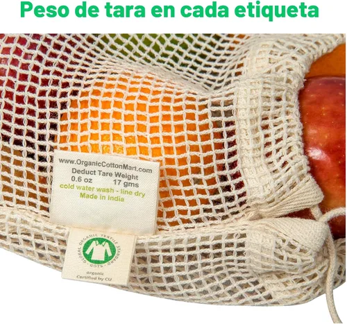 Vista 8 de Bolsas reutilizables de malla de algodón para productos – 100% algodón orgánico, duraderas, doble costura, lavables con peso de tara y cordón