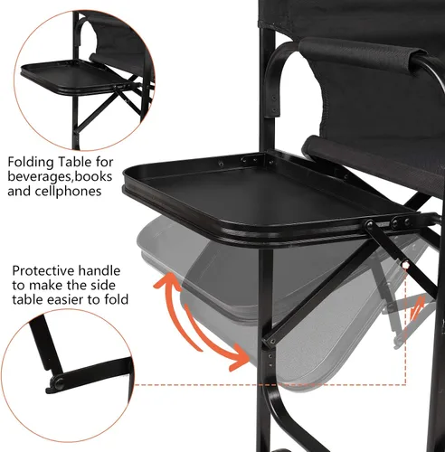 Vista 4 de mefeir Silla de Director de 30" Plegable Negra con Mesa Lateral y Bolsa de Almacenamiento, Altura de Barra Portátil para Artista de Maquillaje