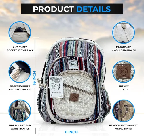 Vista 3 de KayJayStyles Natural - Mochila grande de cáñamo Nepal hecha a mano, BKPK-2, Computadora portátil