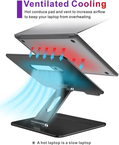 Vista 4 de Soporte ajustable para computadora portátil MacBook para escritorio Elevador ergonómico de aluminio para laptop con ventilación térmica, Negro