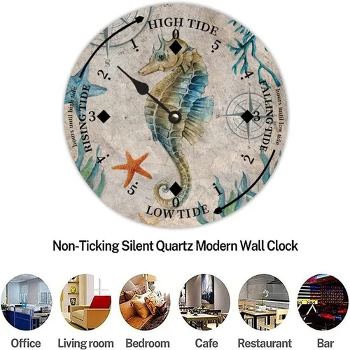 Vista 7 de Ocean Hippocampus Reloj de marea de madera, 10 pulgadas, reloj de pared, unisex, pantalla analógica, funciona con pilas Estilo-7