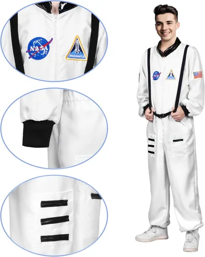 Vista 3 de DreamJ Disfraz de astronauta para adultos, niños y hombres, traje espacial para niños pequeños, traje de vuelo espacial para Halloween, disfraz