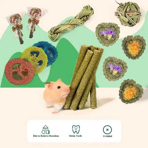 Vista 7 de Juguetes masticables de conejo para dientes, 16 piezas de juguete natural para masticar heno Timothy, mejora la salud dental