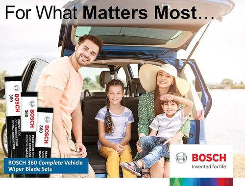 Vista 4 de Bosch - Kit completo de reemplazo de limpiaparabrisas 360 para vehículo, incluye un par de limpiaparabrisas delanteros tipo haz y 1 limpiaparabrisas