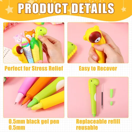 Vista 2 de PerKoop 40 bolígrafos blandos Kawaii con recambios, suministros de estrés para apretar, tinta de gel estacionaria de animales de dibujos animados