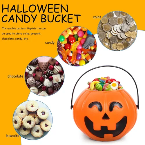 Vista 3 de Cubo de calabaza naranja de 6.7 pulgadas de plástico para dulces con asa para niños truco o trato fiesta de Halloween