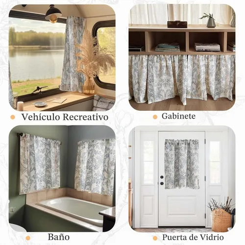 Vista 6 de Cortinas de cocina florales Lazzzy de 24 pulgadas de largo, lino azul, oscurecimiento de habitación, estilo granja, café, pequeñas, rústicas
