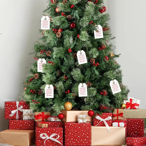Vista 6 de Etiquetas de regalo de Navidad de Anwyll con cuerda - 50 piezas etiquetas de arco rosa feliz feliz feliz Navidad para regalos etiqueta de regalo