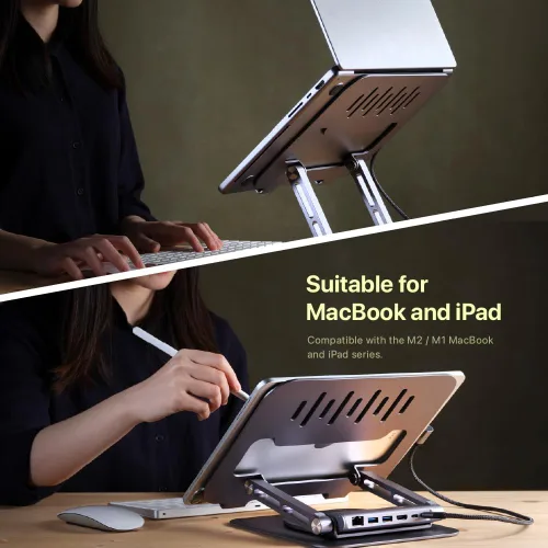 Vista 8 de ADAM elements Hub Stand Pro 6 en 1 USB-C - Estación de acoplamiento para laptop, soporte plegable para laptop con HDMI 4K, PD de 100 W y USB 3.0
