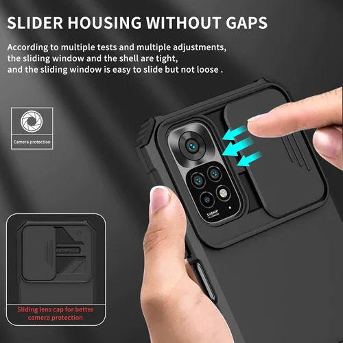 Vista 4 de Asuwish Funda de teléfono para Xiaomi Redmi Note 11S/11 4G con protector de pantalla de vidrio templado y cubierta de cámara deslizante Soporte Negro