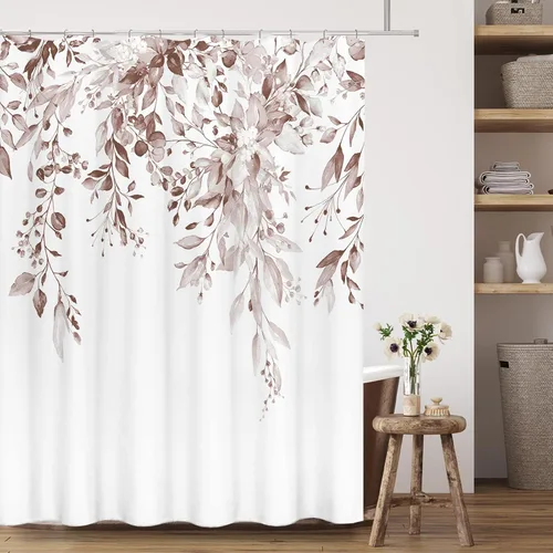 Vista 125 de Tititex - Juego de cortinas de ducha de eucalipto negro, hojas de acuarela gris en la parte superior, con decoración floral de baño, 60 x 72