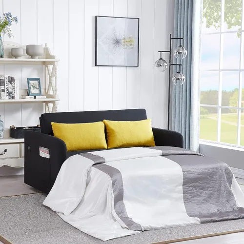 Vista 19 de Sofá cama convertible de terciopelo con respaldo ajustable y enchufe USB, sofá cama extraíble multiposición tamaño individual con 2 almohadas