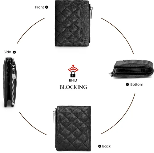 Vista 7 de befen Cartera delgada de cuero auténtico con RFID, billetera de dos pliegues para mujer con bolsillo con cremallera y llavero, Negro, Talla única