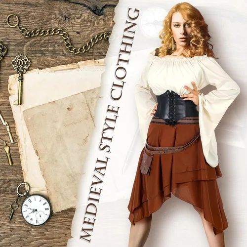 Vista 6 de Newcotte 3 piezas de disfraces renacentistas de Halloween para mujer, falda gótica, falda pirata, pirata, medieval, corsé