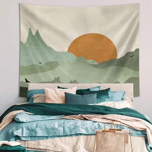 Vista 2 de SUOTEMEIFEI Tapiz bohemio verde salvia con sol de montaña, arte simple, paisaje de puesta de sol, paisaje, abstracto, estético, decoración de pared