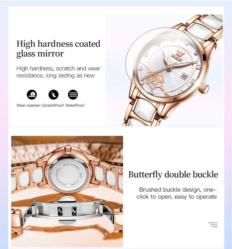 Vista 9 de OLEVS Relojes para mujer, oro rosa, de dos tonos, de moda, de cerámica, blanco, esfera rosa, roja, acero inoxidable, fecha impermeable