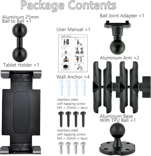 Vista 5 de VAUBORTTI Soporte de aluminio resistente para tablet de doble brazo con base de taladro de rotación de 360° de 4 puntos, se adapta a tabletas de 6.5