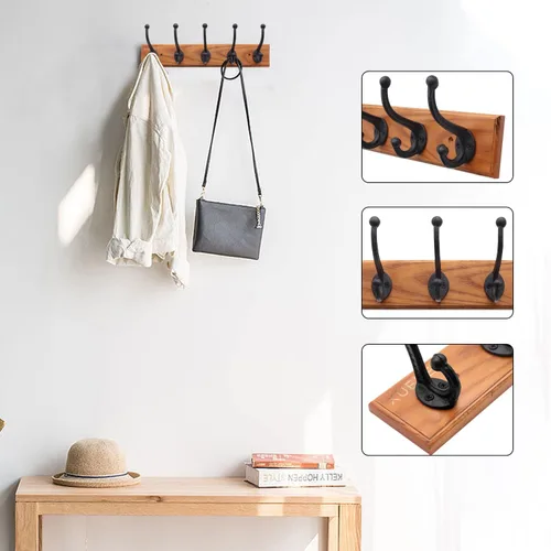 Vista 5 de Ganchos rústicos de hierro fundido para abrigos, ganchos de pared negros, perchero resistente con 5 ganchos de pared, madera de fresno
