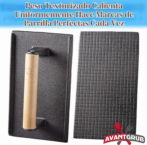 Vista 5 de Grado profesional, parrilla de hierro fundido pre-sazonado, peso 1 paquete. Prensa de carne y hamburguesa resistente con mango de madera