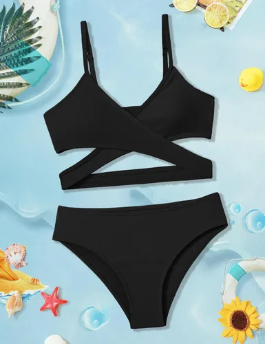 Vista 4 de Conjunto de bikini para niñas, traje de baño de dos piezas, traje de baño cruzado para niñas