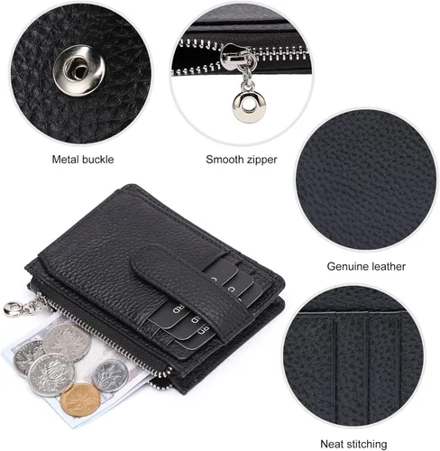 Vista 5 de Cartera delgada para mujer, de piel auténtica, tarjetero delgado con bloqueo RFID, carteras pequeñas