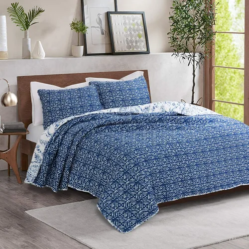 Vista 2 de Lush Decor Erindale - Juego de edredón de 3 piezas de algodón con estampado de cachemira, tamaño King, color azul marino y blanco, reversible