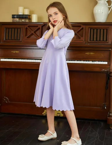 Vista 5 de Arshiner Vestido de fiesta para niñas con ribete festoneado, cinturón, acampanado, formal, por debajo de la rodilla, con bolsillos, para 6-15 años