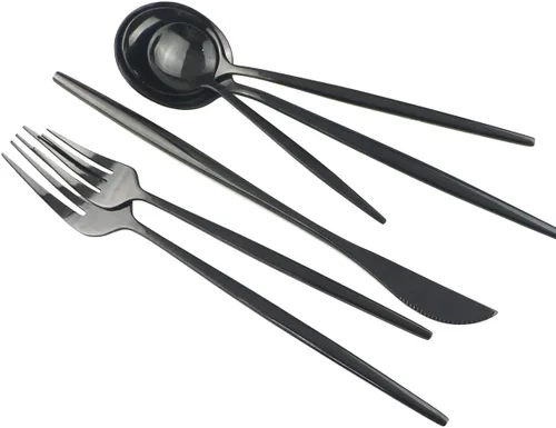 Vista 5 de Juego de cubiertos de 10 piezas – Utensilios de acero inoxidable 304 negro, tenedores, cucharas, cuchillos – Cubertería pulido espejo para 2