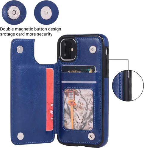 Vista 2 de UEEBAI Funda para iPhone 11 Pro Max, funda de piel sintética de lujo con [dos cierres magnéticos] [ranuras para tarjetas] función de soporte