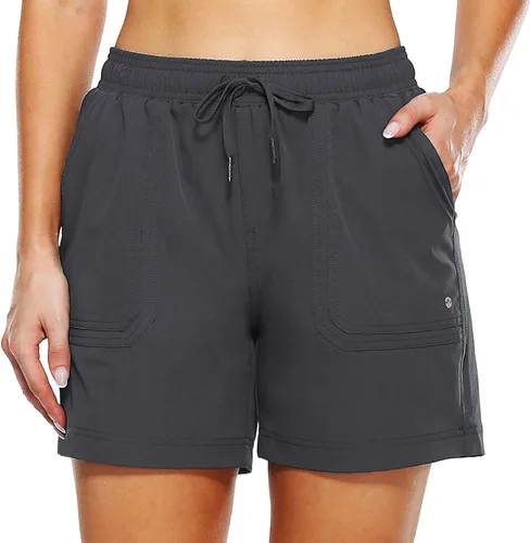 Vista 5 de Cotton Shorts Summer Sport Solid Compression Womens Cargo Pants 2023 with Pockets Drawstring Trousers High Rise Dark Gray
