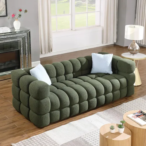 Vista 2 de Sofá de burbujas moderno de 3 plazas con 2 almohadas, sofá cómodo de tela Bouclé, muebles decorativos para espacios pequeños, sala de estar