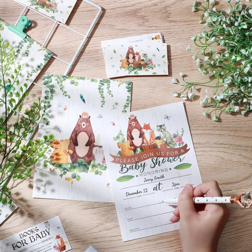Vista 4 de Containlol Juegos de 28 invitaciones para baby shower de animales del bosque, boletos para rifas de pañales, tarjetas de solicitud de libro de baby