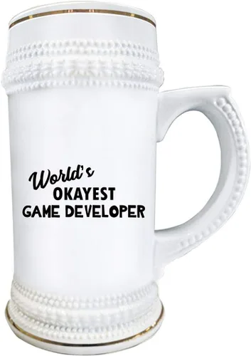 Vista 2 de Worlds Okayest Game Developer Designer Beer Stein Mug 22oz Ceramic Novelty Drinkware – Diseño de videojuego Desarrollo de equipo de desarrollo