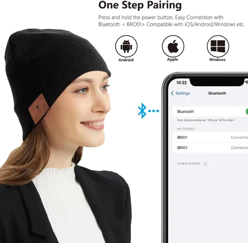 Vista 3 de Gorro de lana merino con Bluetooth, estéreo HD, 30 horas de tiempo de reproducción, micrófono integrado, regalo electrónico de Navidad