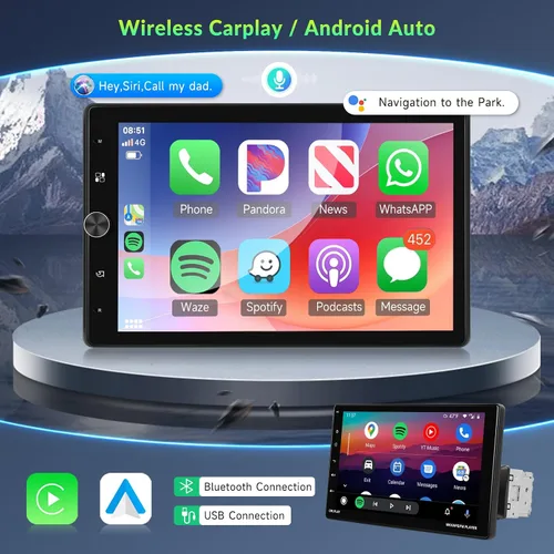 Vista 2 de Estéreo de coche con pantalla táctil Single Din de 10.4 pulgadas con Carplay inalámbrico y Android Auto, radio de coche ajustable con Bluetooth