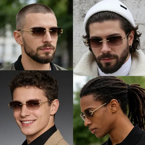 Vista 3 de Rimless Sunglasses for Men Women Small Narrow Rectangle Sunglasses 2 piezas: azul degradado+marrón degradado