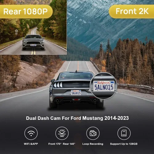 Vista 2 de Fitcamx Adaptador de cámara de tablero frontal 2K+trasera 1080P para Ford Mustang 2019-2023 (HD2-0141/con cubierta de sensor), estilo de fábrica