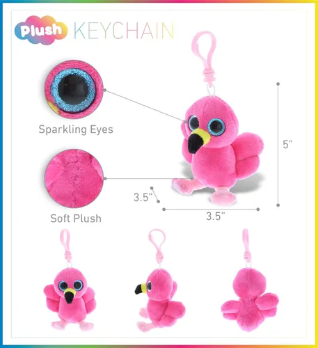 Vista 2 de DolliBu Big Eye - Llavero de peluche de flamenco rosa, llavero de flamenco de peluche, llavero de animal esponjoso para mochila o bolso, llavero