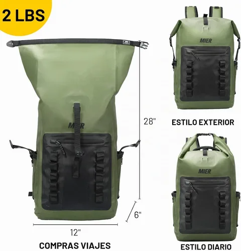 Vista 5 de MIER Mochila impermeable Saco con cierre de parte superior enrollable Bolsa seca ligera, Mochilas tipo mochila Verde militar/negro