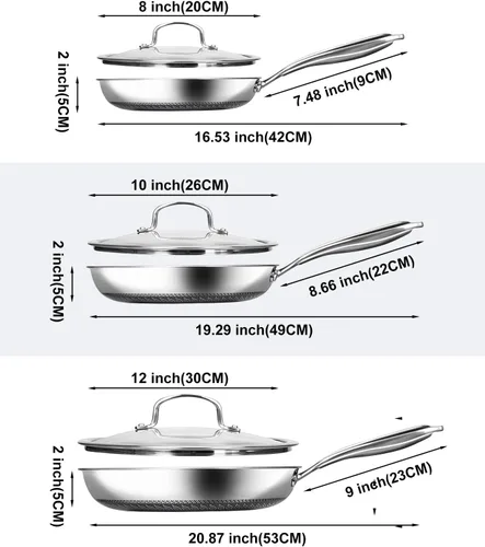 Vista 2 de USELUCK Juego de Sartenes Antiadherentes, Sartenes Híbridas No Tóxicas de 8, 10 y 12 Pulgadas con Tapas, Aptas para Lavavajillas y Horno, Listas